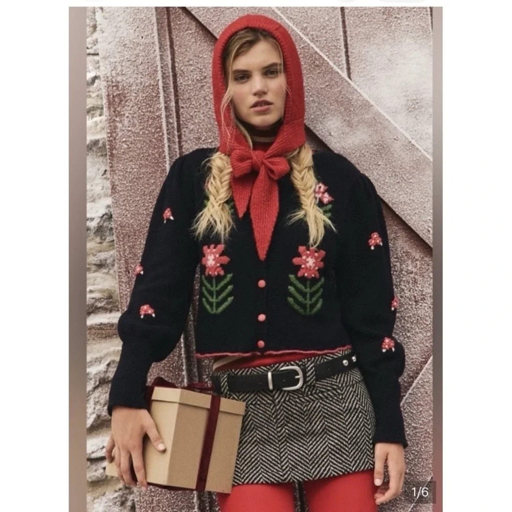 Free People Nonna Knit Cardi Floral Cardigan Sweater‎ Black Small Granny Cottage